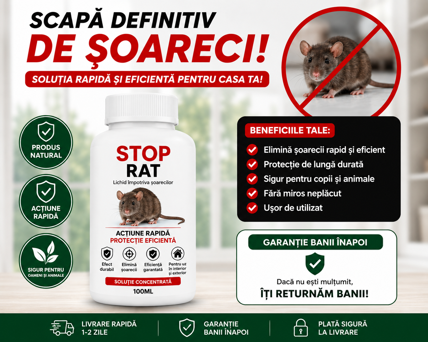STOP-RAT🐭 – Soluție Naturală împotriva Șoarecilor și Șobolanilor | 100 ml🚫