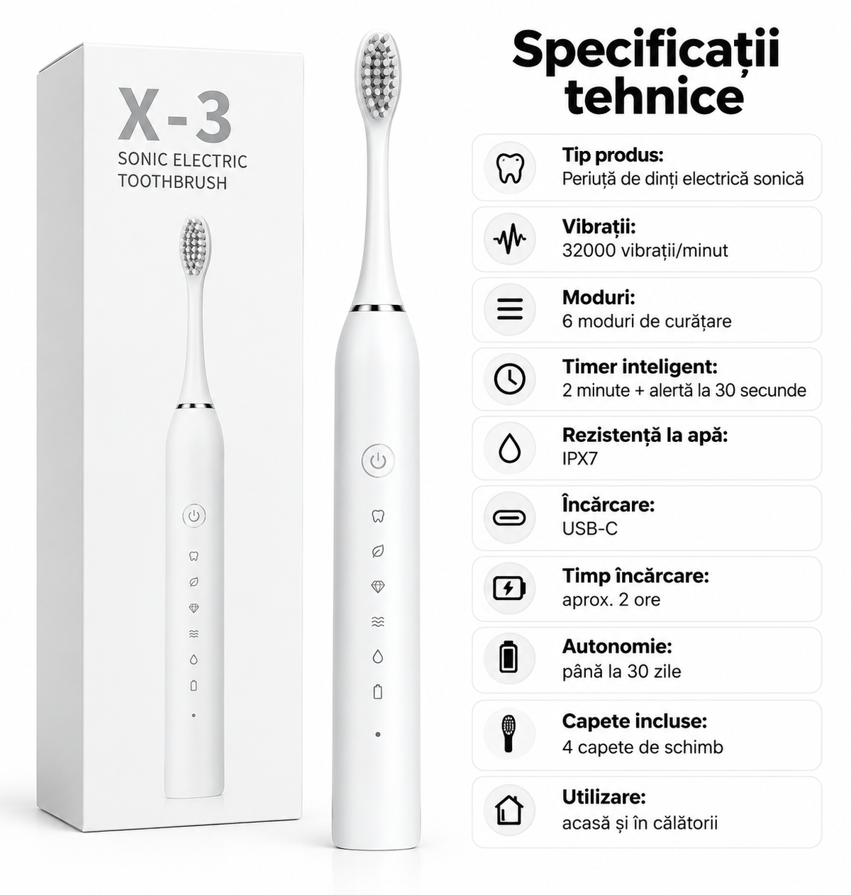 🦷 Periuța Electrică Sonică X-3™ – 32.000 Vibrații/Minut, 6 Moduri de Curățare și 4 Capete Incluse! ✨